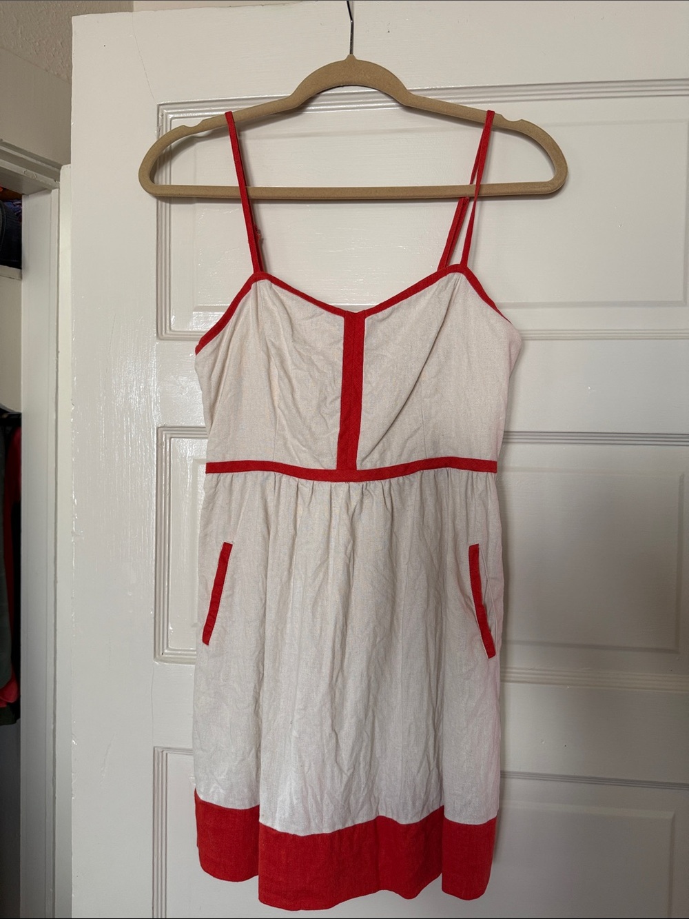 Cream Linen Mini Dress with Red Contrast Trim and Spaghetti Straps.